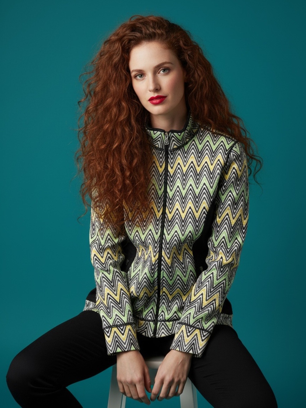 Jockey Yelow and Green Chevron Print Zip Front Jacket Size M